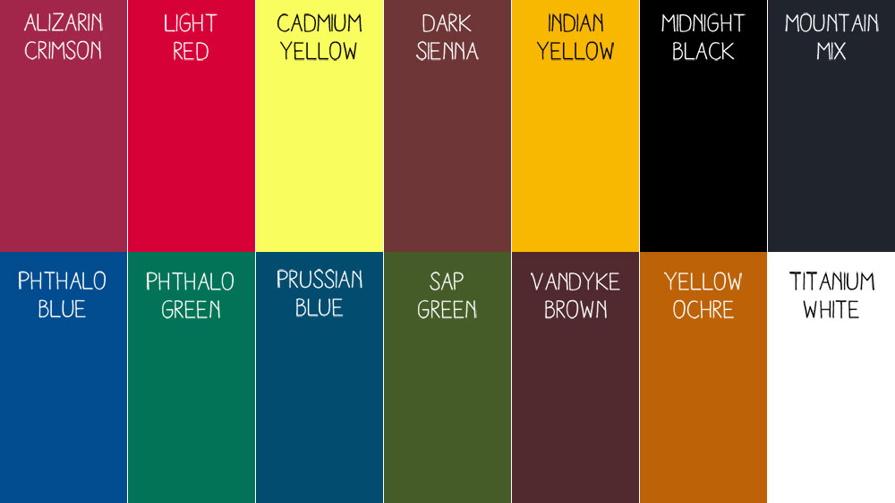 The Bob Ross oil paint colors in a row