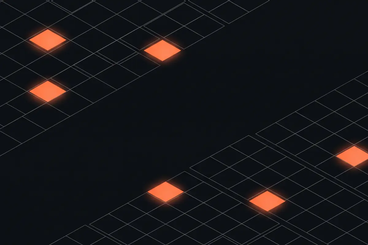 Abstract illustration of a street grid drawn in thin lines, with a few neighborhood blocks glowing orange. Not a real map.