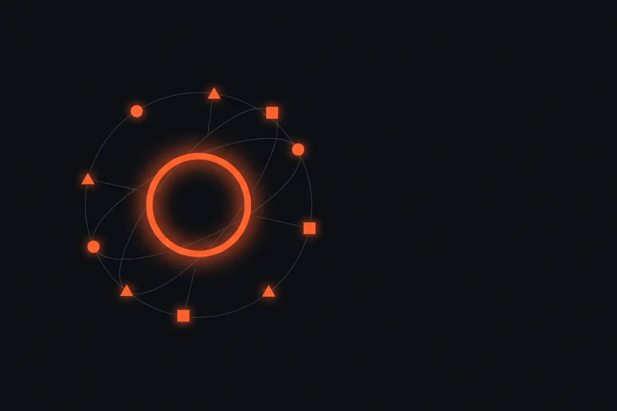 Abstract illustration: small orange shapes orbiting a central ring, like a coordinated team of agents.