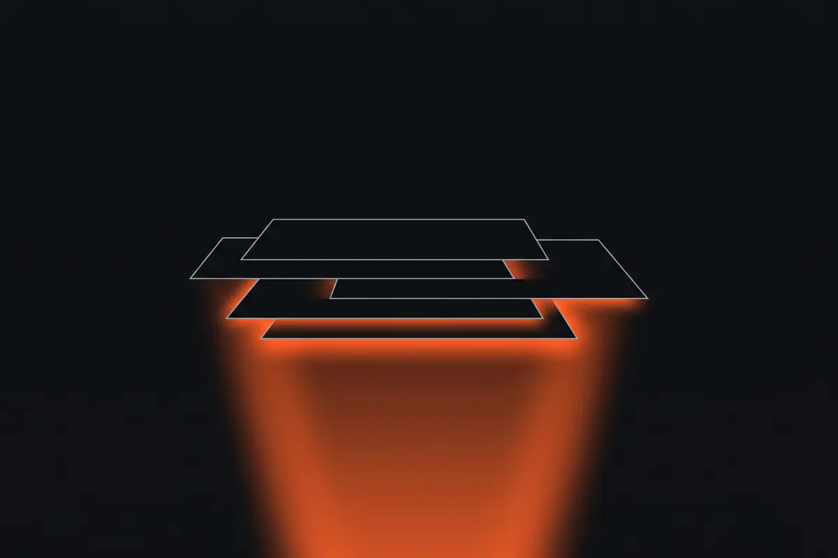 Abstract illustration: stacked horizontal panels like a sectional door, with orange light rising behind them.