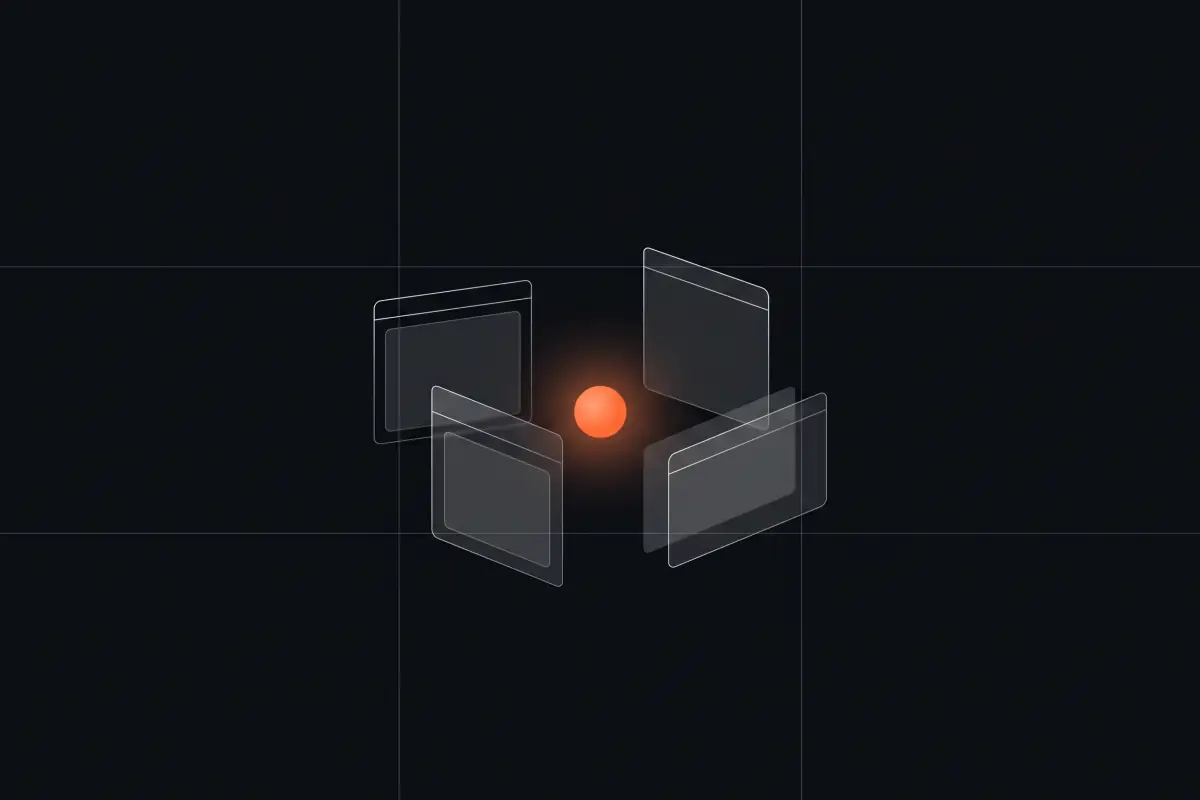 Abstract illustration: floating interface cards around a small glowing orange orb, like an assistant.