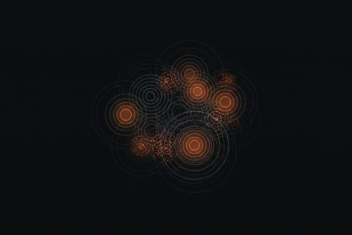 Abstract illustration: many small dots gathered into overlapping circles, a few glowing orange.