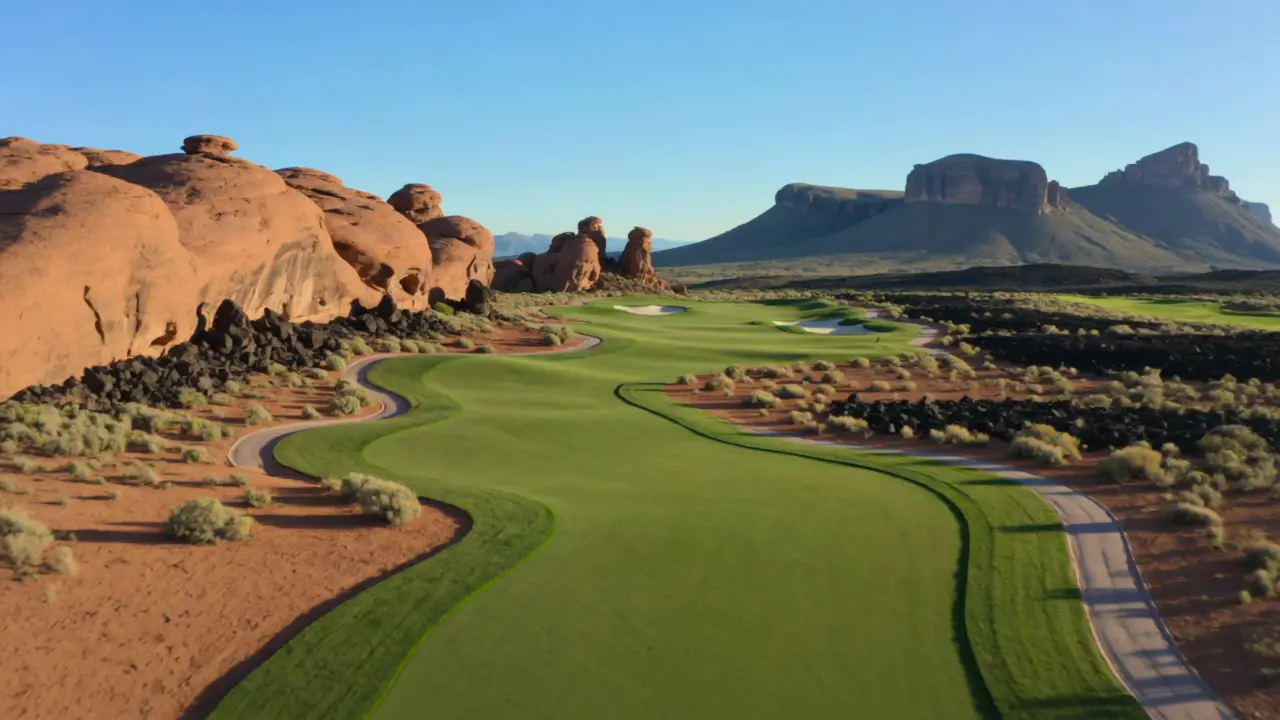 A green golf fairway between red sandstone hills and black lava rock
