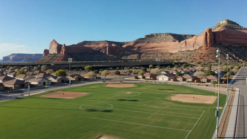 A green city ball field with dirt infield diamonds below red sandstone cliffs, with homes and light poles along the edge