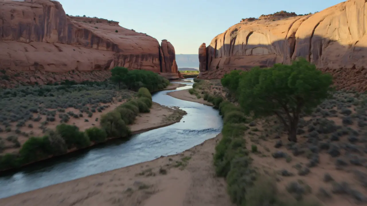 A desert river winding past red cliffs and cottonwood trees