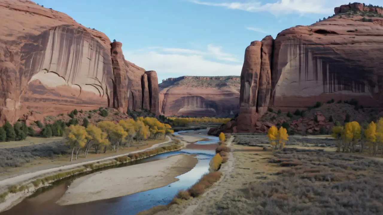 A red rock canyon with a shallow river and golden cottonwood trees