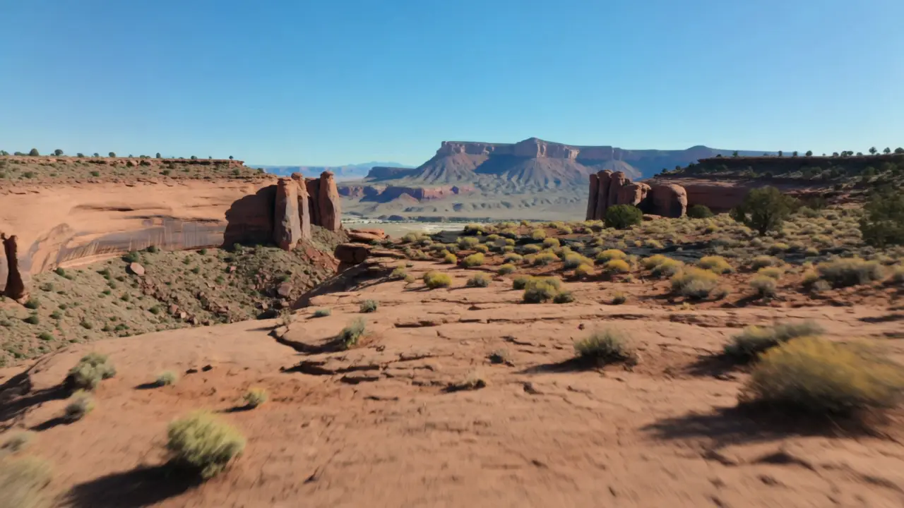 Red sandstone cliffs and a black lava ridge above a desert valley