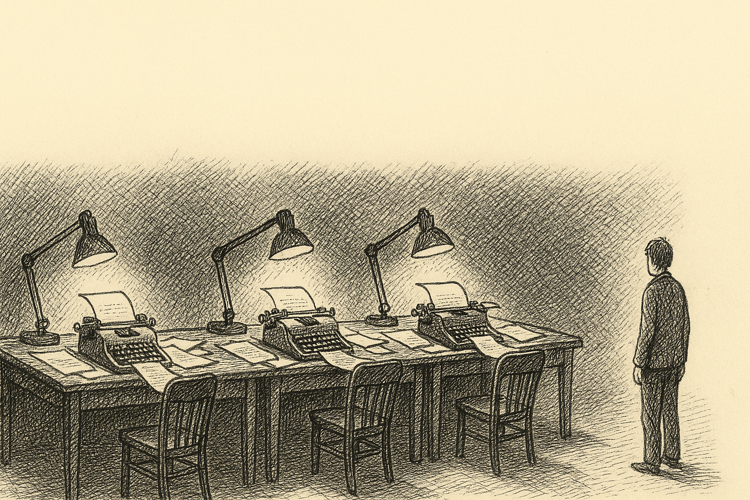 Pen-and-ink illustration: three lit desks arranged in a loose triangle, each with a distinct stack of papers; a single figure stands at a remove, watching all three.