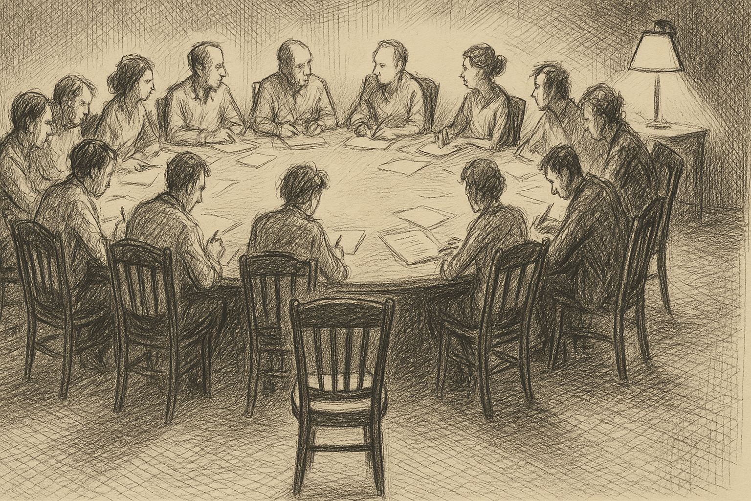 Pen-and-ink illustration: a circle of fourteen figures seated around a table, each figure sketched in a distinct posture, one empty chair at the center.