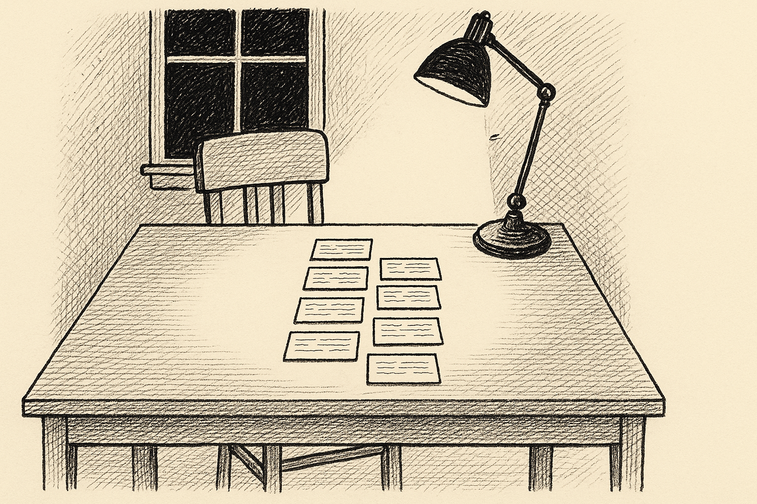 Pen-and-ink illustration: a desk lamp casting light over an open folder containing nine handwritten cards, each bearing a name, arranged in a loose arc.