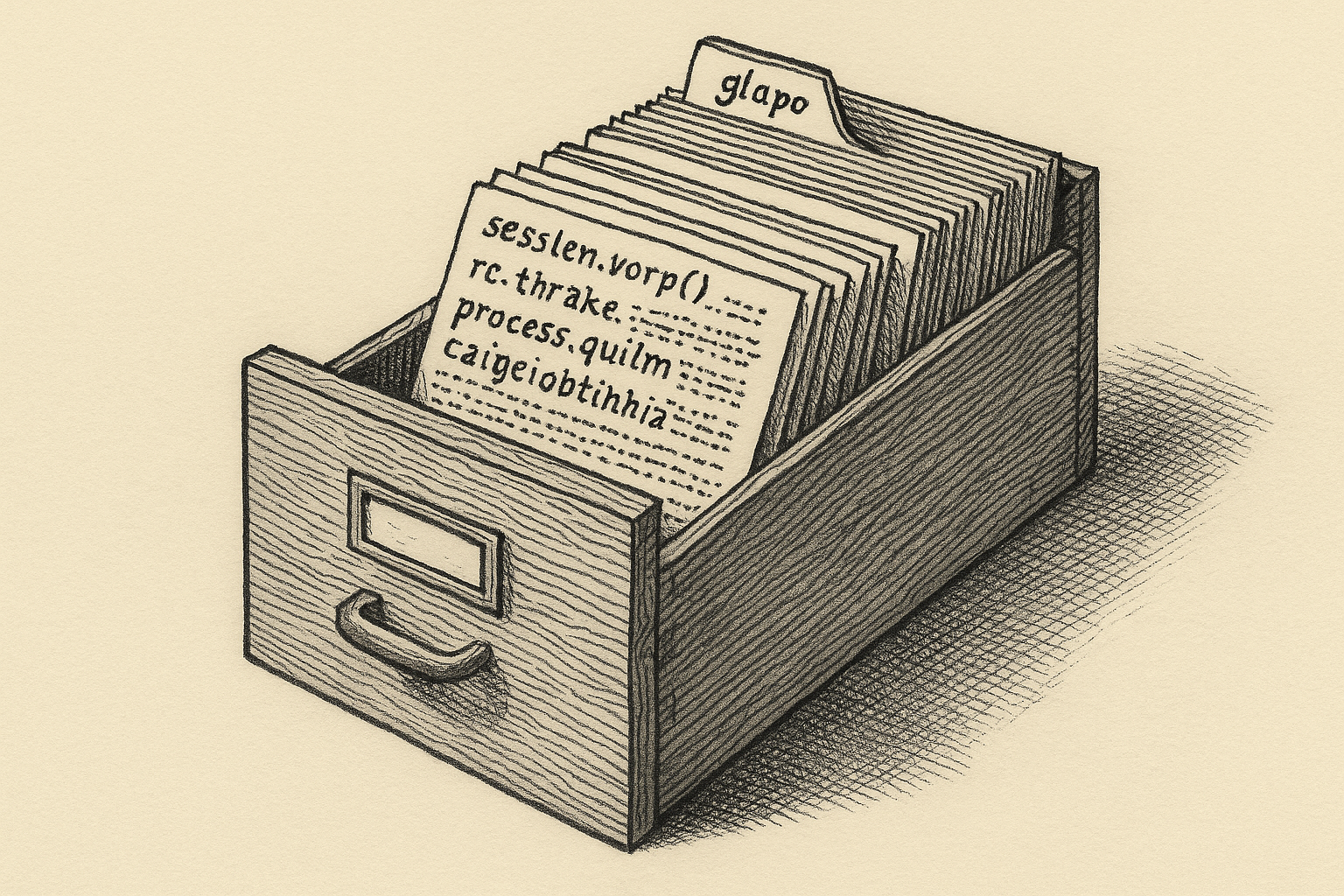Pen-and-ink illustration: a wooden card-catalog drawer pulled open at a three-quarter angle, index cards inside filled with neat confident handwriting that has the cadence of technical documentation — but the words are invented non-words that only resemble English. The catalog system is intact; the references don't refer to anything.