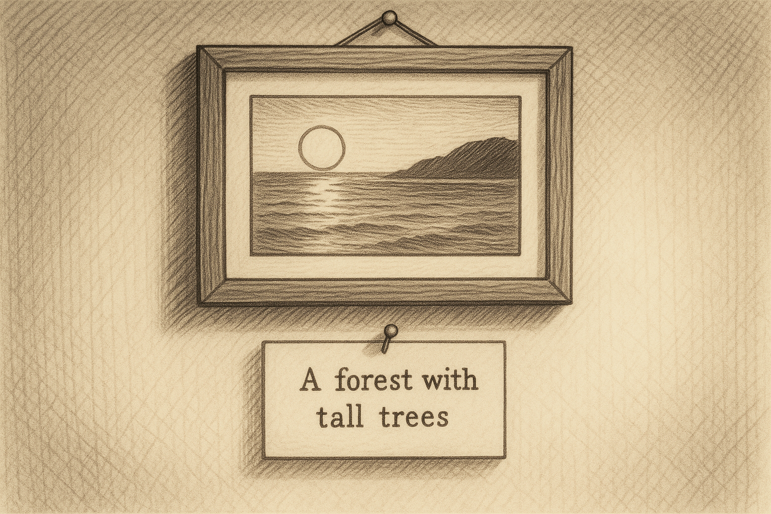 A typed caption card pinned to a wall beneath a framed photograph, the handwritten or typed words on the card describing a scene that visibly does not match the picture hanging above it