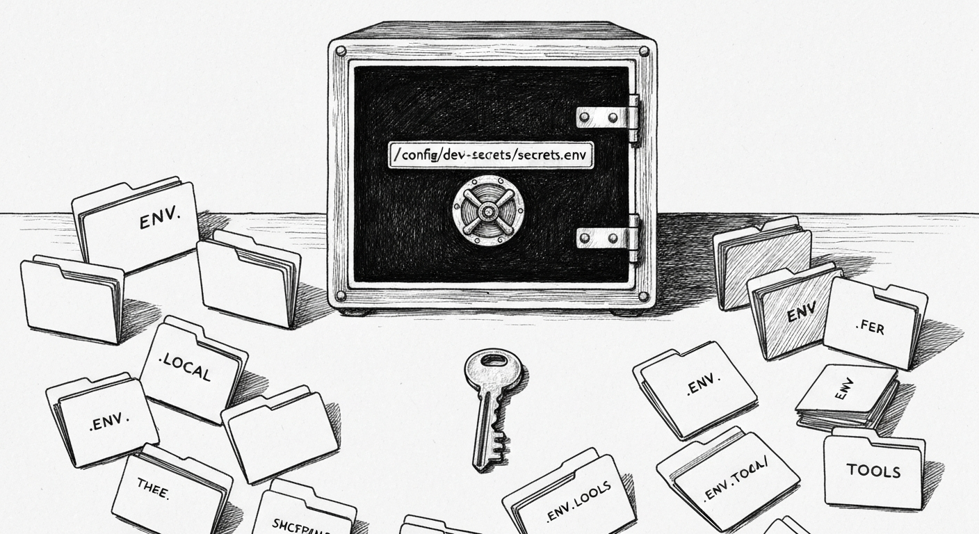 Pen-and-ink illustration of a single canonical file at the center of a fan of project folders, New Yorker style, crosshatch shading.