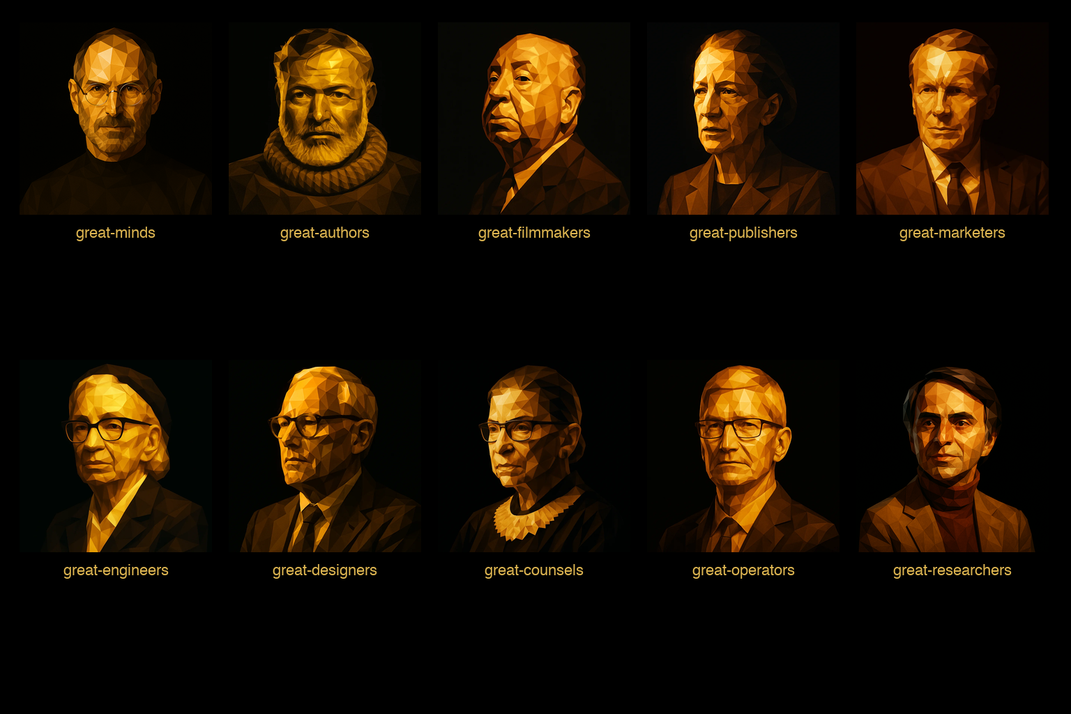 The Great Minds constellation: ten plugins, one face per craft — Steve Jobs, Hemingway, Hitchcock, Diana Vreeland, David Ogilvy, Grace Hopper, Dieter Rams, Ruth Bader Ginsburg, Tim Cook, Carl Sagan.