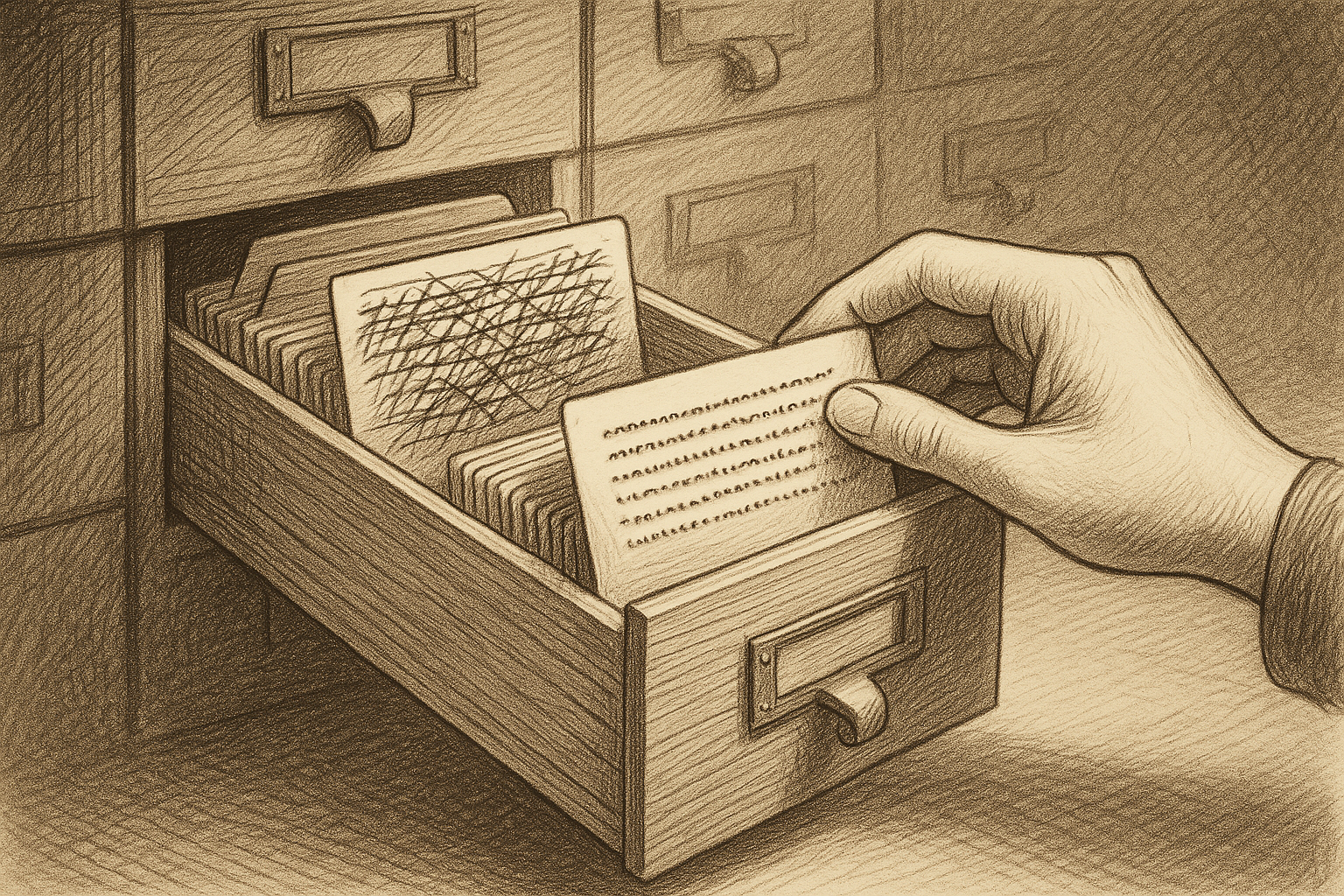 An open wooden card-catalog drawer with its front index card covered in crossed-out scribbled notes, while a hand reaches past it to pull out the second card, which bears a neatly typed paragraph
