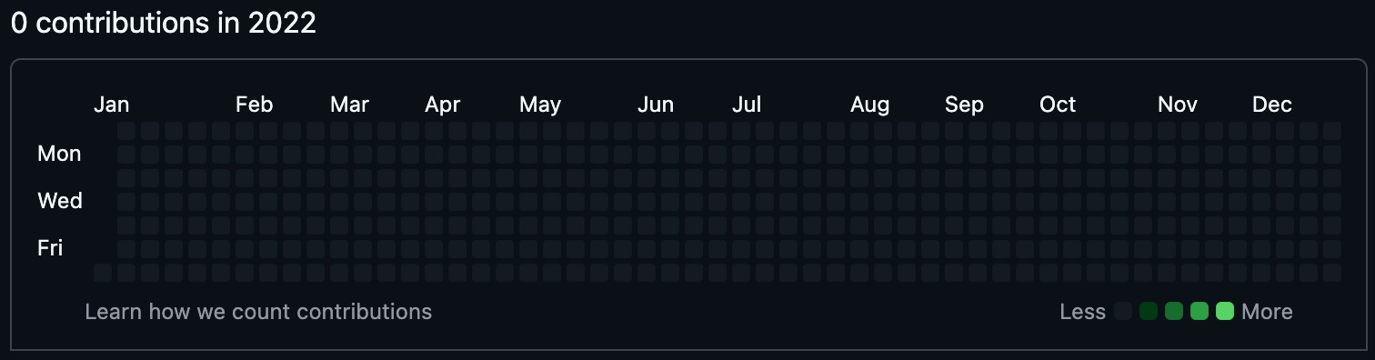 GitHub contribution graph for 2022 showing 0 contributions — every square dark grey across all twelve months.