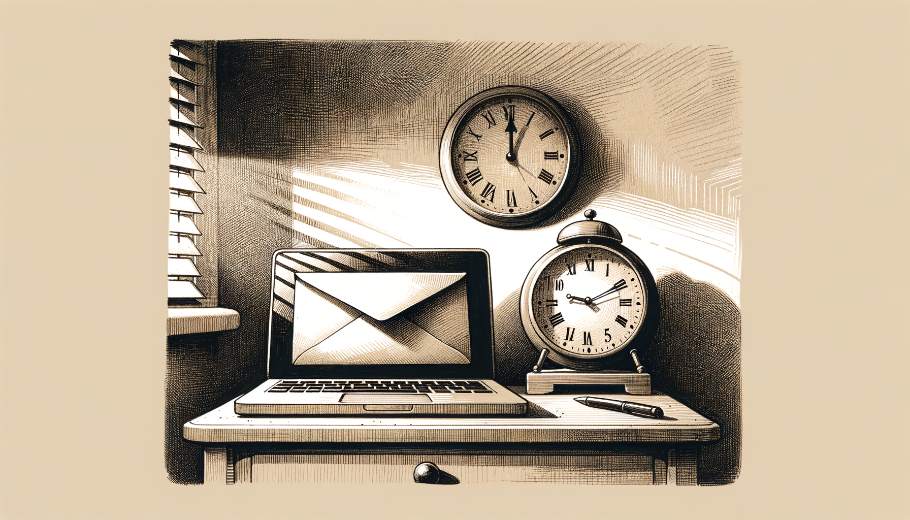 A closed laptop sitting on a nightstand with its lid down, beside it a wall clock whose hands point to the scheduled hour, a small unopened envelope resting on the laptop's lid as if waiting to be delivered