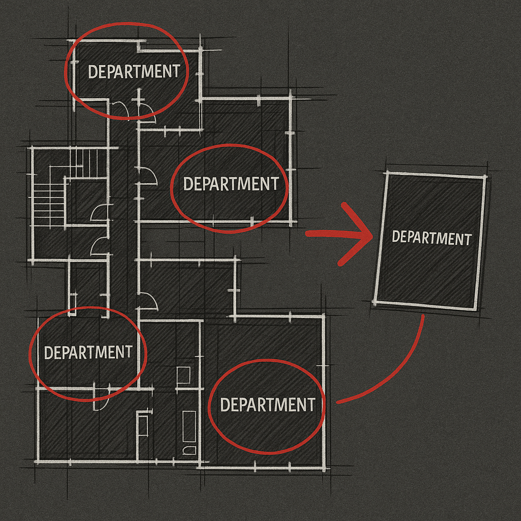 A high-contrast, industrial minimalist sketch of a complex architectural blueprint. A red pen has circled four distinct clusters of components, each labeled as a 'department'. A large, bold arrow points from one cluster to a separate page, indicating a split.