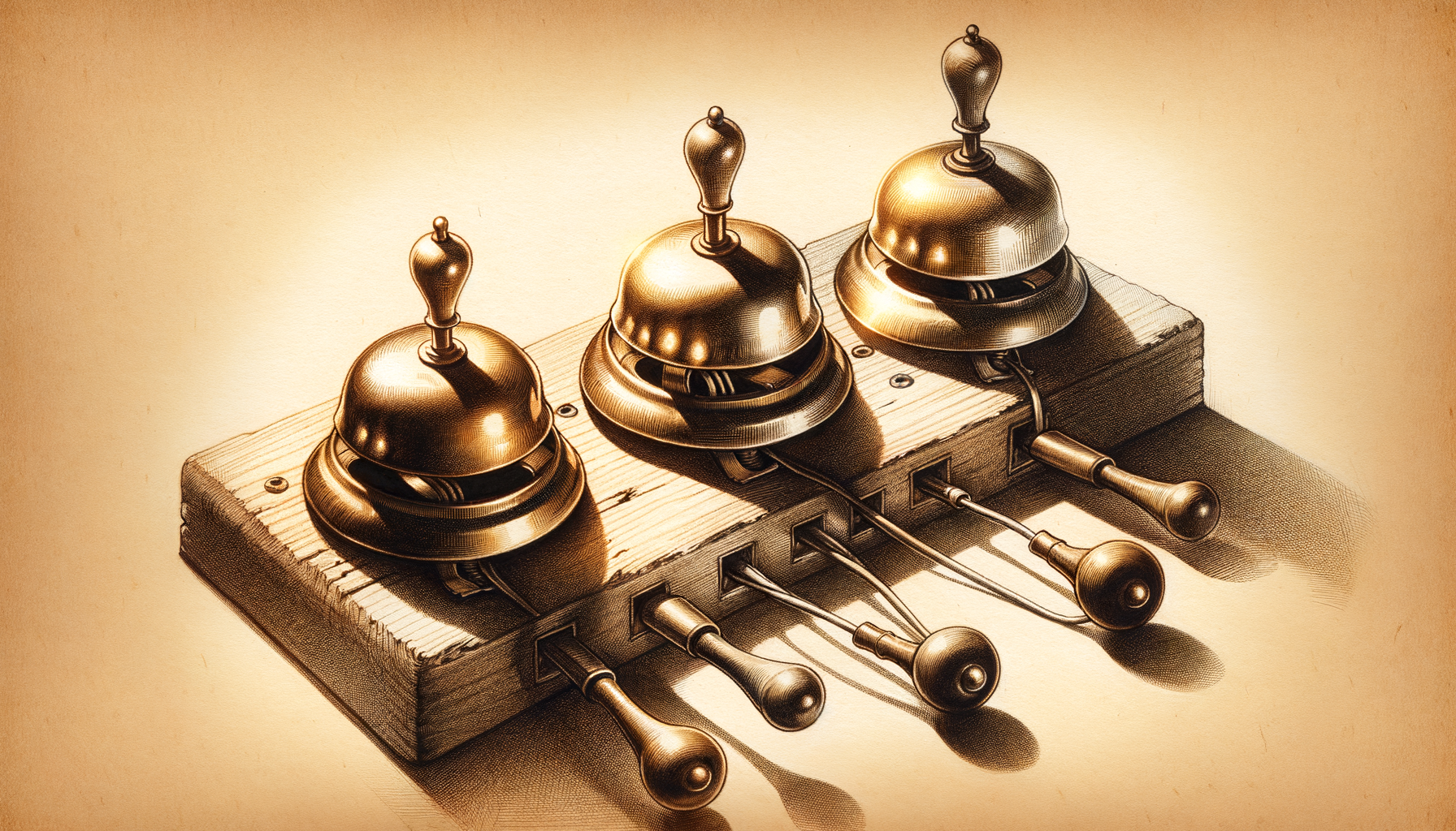 Three small brass alarm bells of varying sizes mounted in a row on a wooden board, each connected by its own separate wire to a single shared trigger lever, all three clappers caught mid-strike