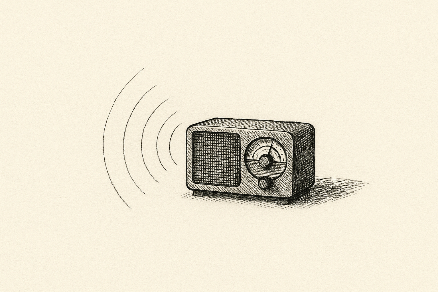 Pen-and-ink illustration: a single vintage tabletop radio centered in vast off-white space, three thin concentric arc lines radiating from the speaker grille — the speech is structural, the speaker is absent, the broadcast is preset before any listener arrives.