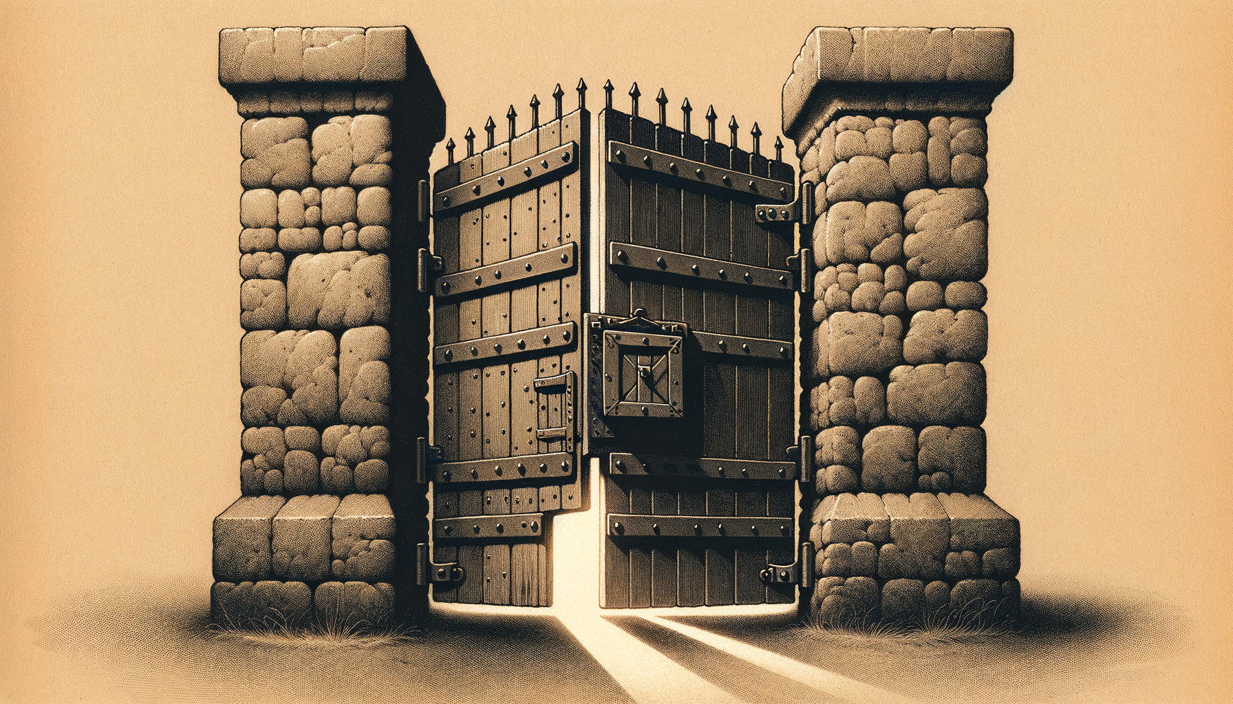 A heavy iron gate set into a tall stone wall, with a smaller hinged inspector's door cut into the gate itself, the small door standing slightly ajar while the main gate remains shut and bolted