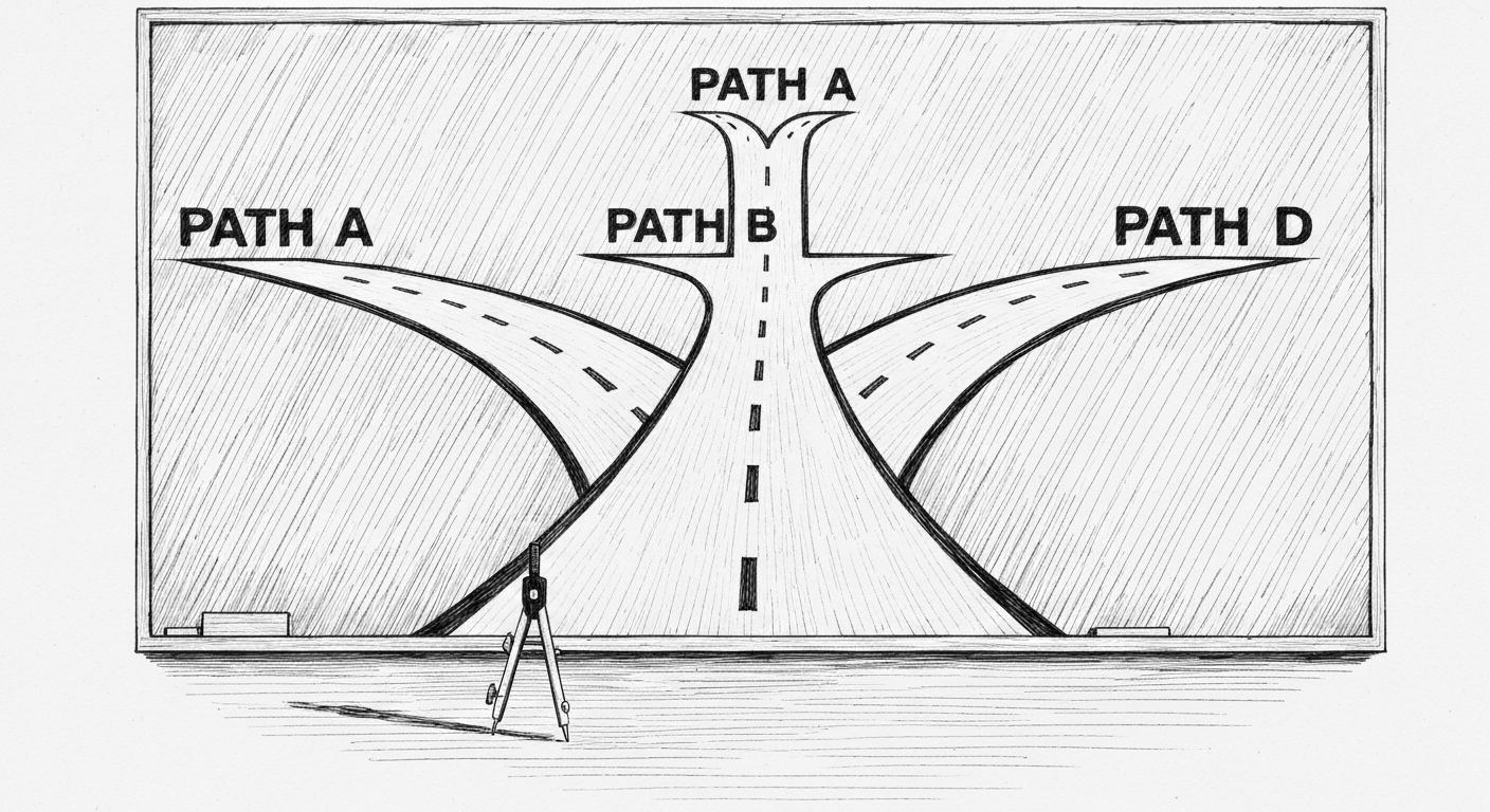 Pen-and-ink illustration of a forking road or four-path diagram, New Yorker style, crosshatch shading.