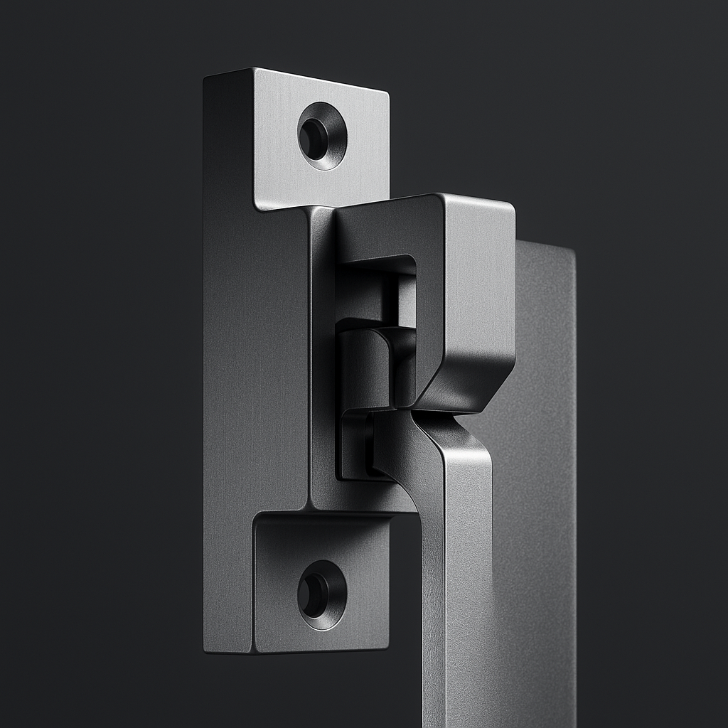 A singular, precision-milled aluminum latch mechanism suspended in a matte grey void.