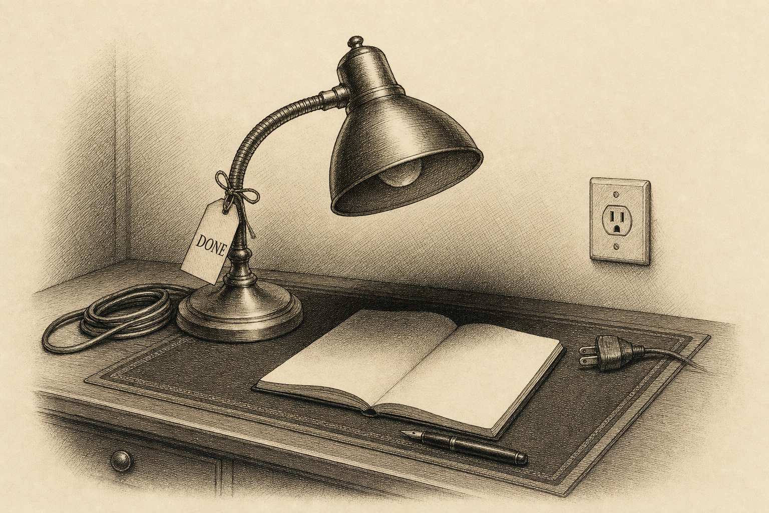 A brand-new brass desk lamp on a writing desk, its cord neatly coiled and the plug resting on the blotter beside an empty wall socket, with a small paper "DONE" tag tied to the lamp's neck and its unlit bulb leaving the open notebook beneath it in shadow