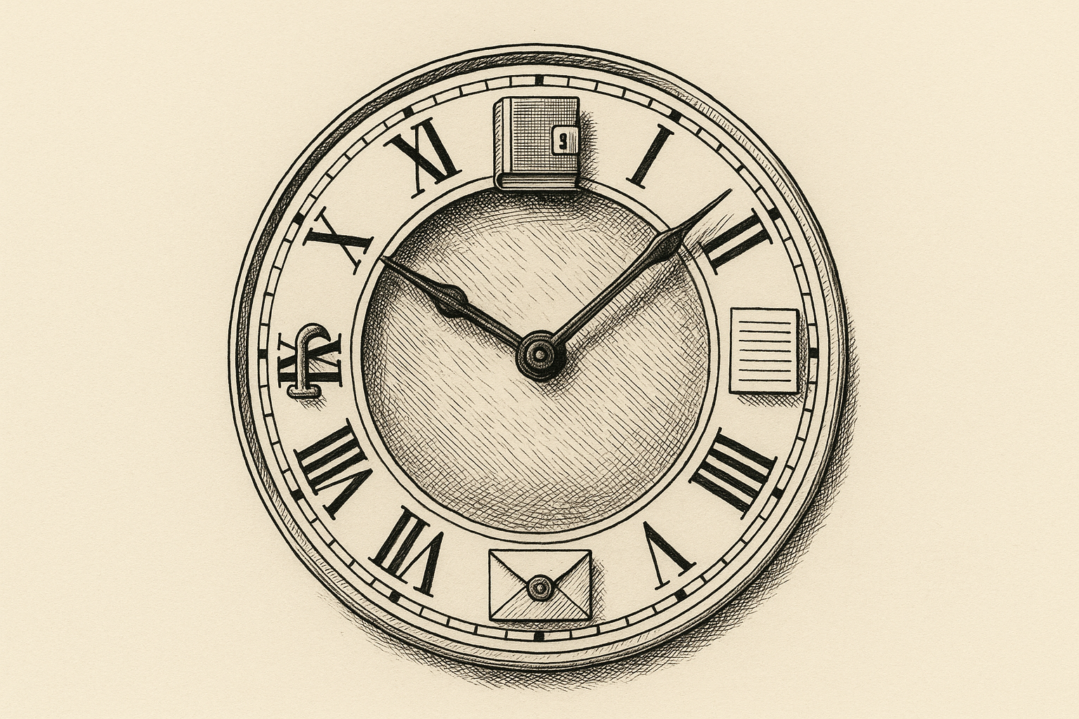 Pen-and-ink illustration: a large antique clock face centered in a wide field, the hands sweeping mid-motion; at the four cardinal positions, small precise objects — a vault book at twelve, a skill card at three, a plugin envelope at six, a hook at nine. The objects are still; the hands move; time is the verb that conjugates them into a system.