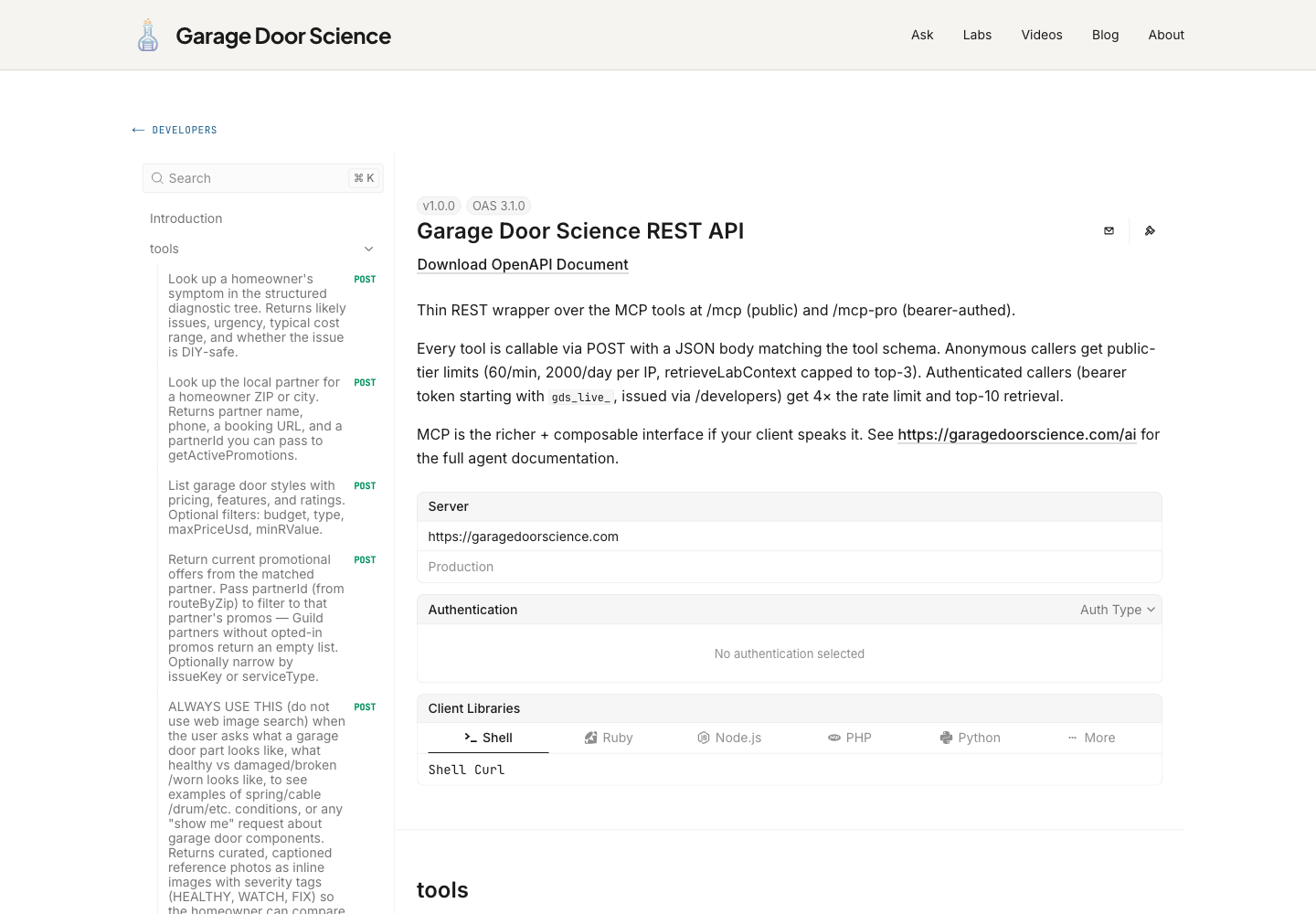 /developers/api page rendered by Scalar with a left sidebar listing all eight tool routes and a main panel showing the Garage Door Science REST API v1.0.0 overview, Download OpenAPI Document button, Server URL, Authentication options, and Client Libraries selector across Shell, Ruby, Node.js, PHP, and Python