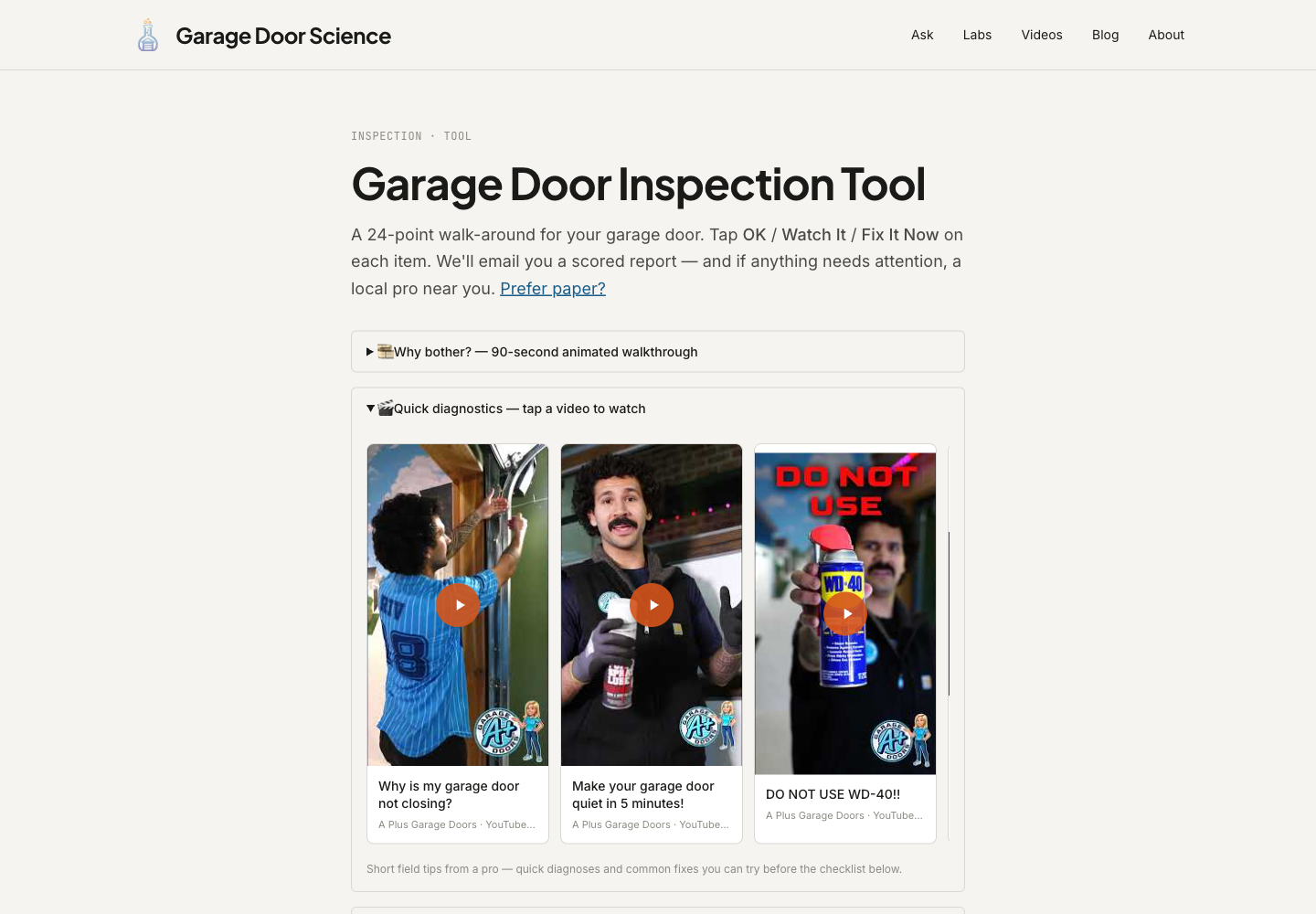 The 24-point inspection page showing a "Why bother?" explainer and a scrollable row of quick-diagnostic YouTube videos with a red DO NOT USE WD-40 thumbnail visible