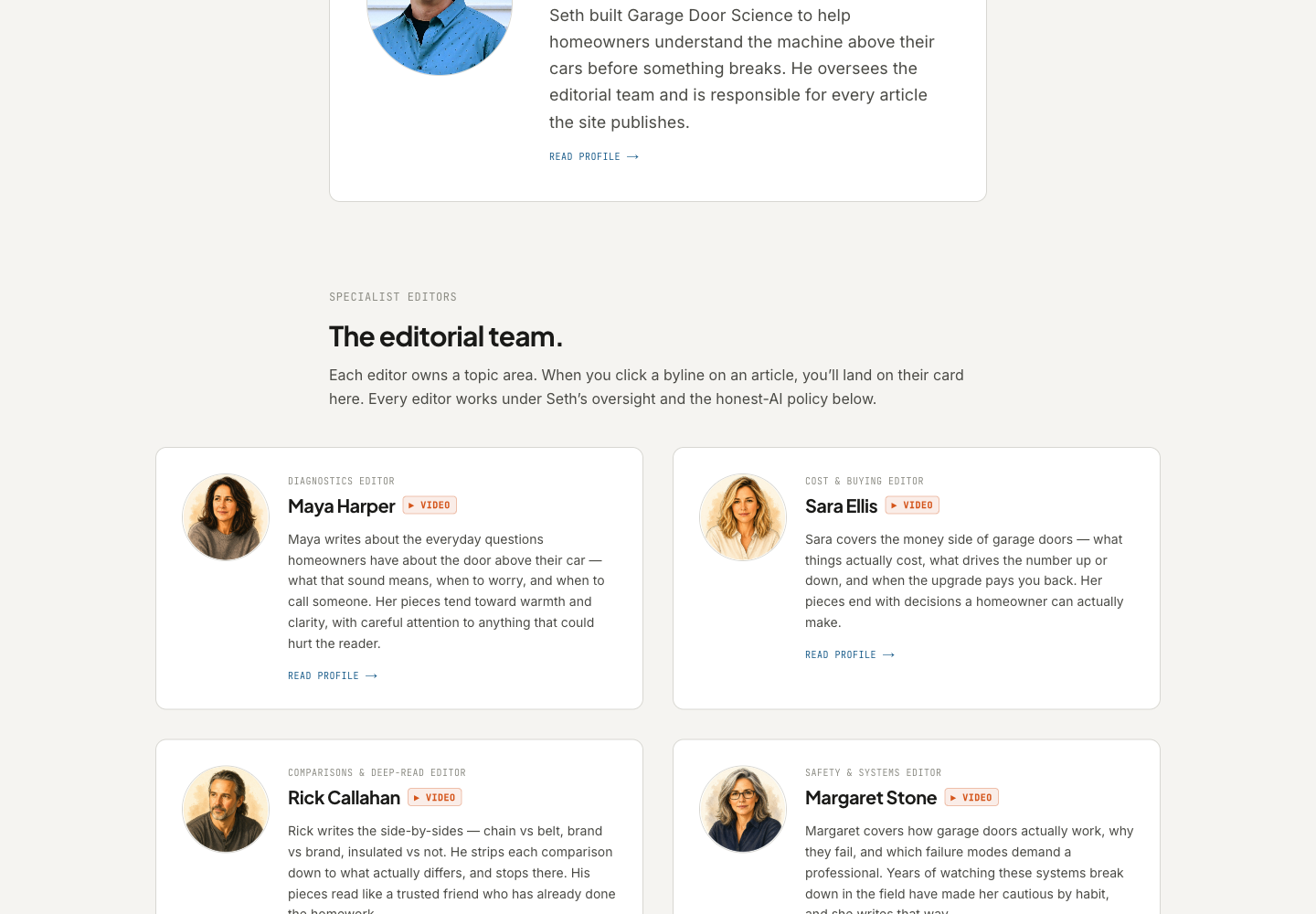 The editorial team cards on /about — Maya Harper (Diagnostics Editor), Sara Ellis (Cost & Buying Editor), Rick Callahan (Comparisons & Deep-Read Editor), Margaret Stone (Safety & Systems Editor), each with a portrait, a role tag, and a bio paragraph