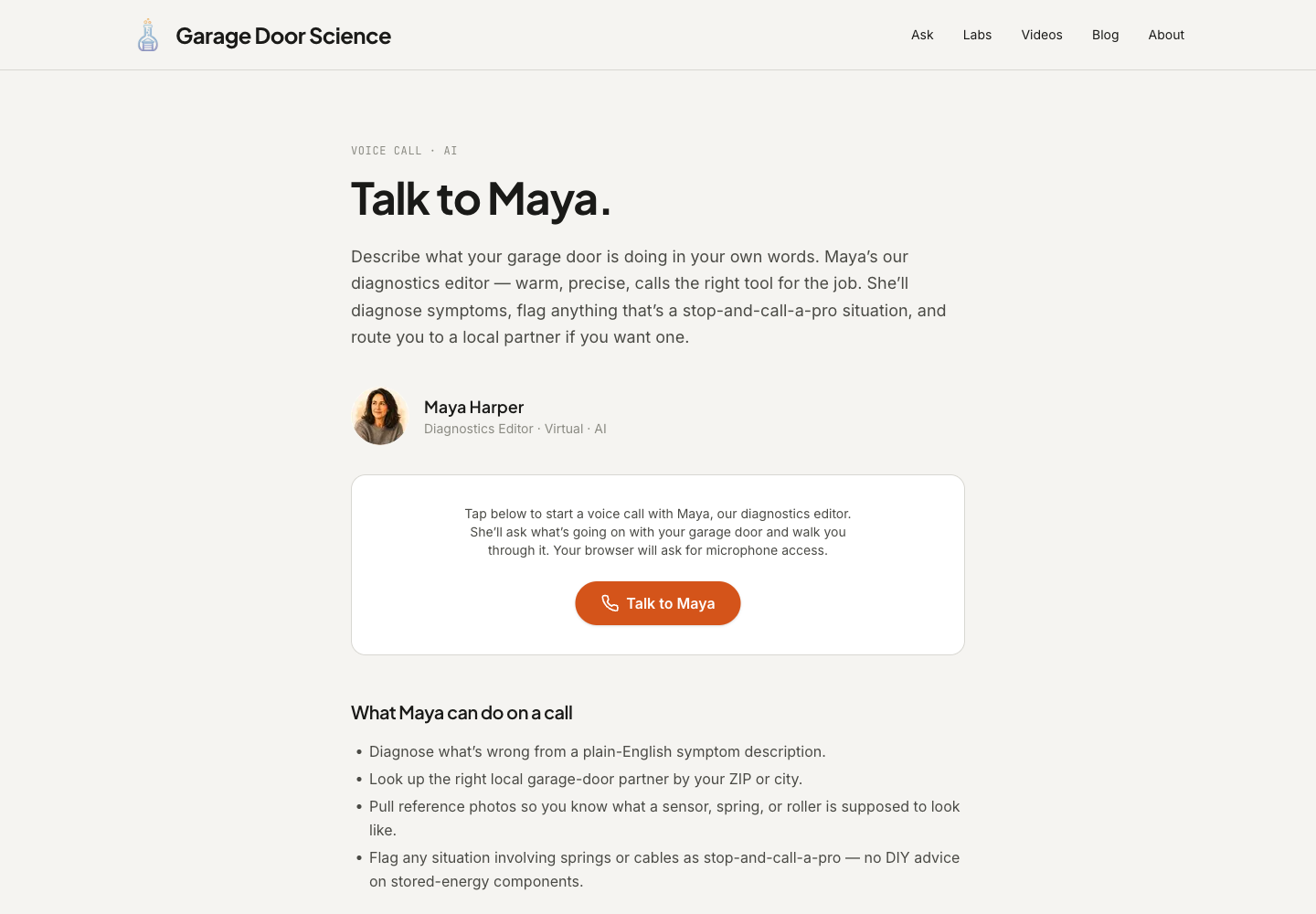 The /ask-maya page — "Talk to Maya." headline, Maya's portrait, a Talk to Maya button with a phone icon, and a bullet list titled "What Maya can do on a call" covering diagnosis, partner lookup, reference photos, and safety-flag handoff