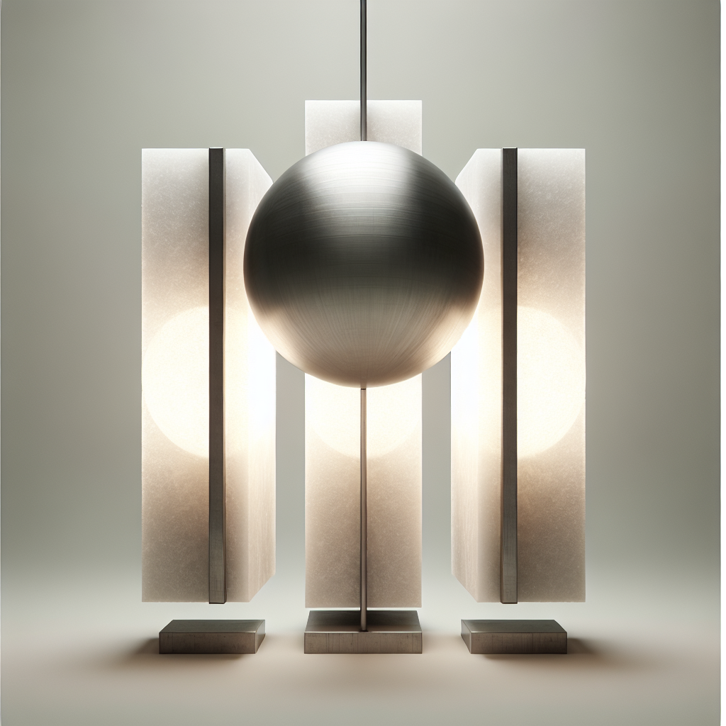 A series of three perfectly parallel, monolithic prisms of optic-grade frosted glass suspended in a neutral, soft-grey vacuum. A single beam of pure white light enters from the left and is refracted into distinct, precise spectral frequencies.