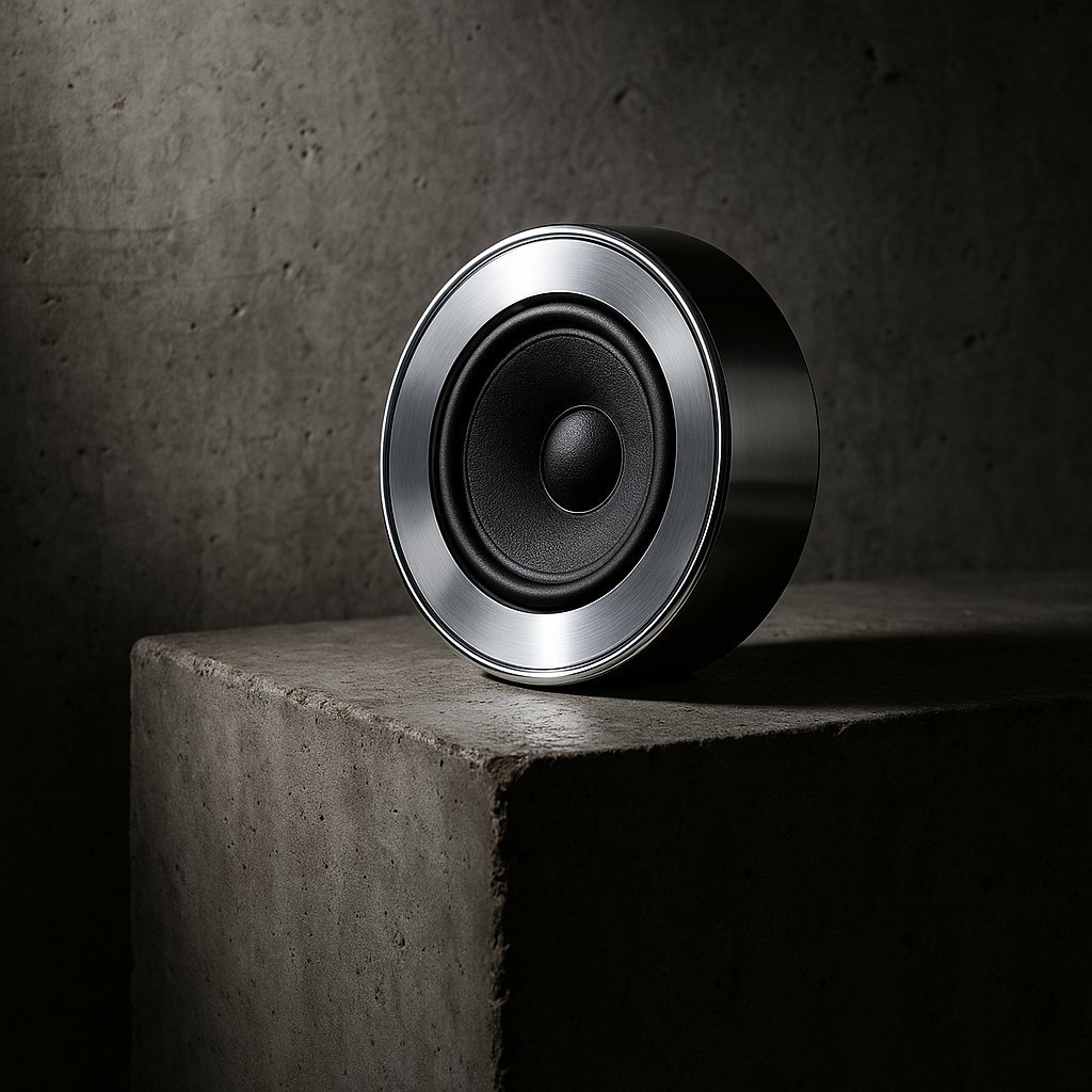 A high-resolution, clinical photograph of a polished silver speaker resting on a cold concrete slab. No wires. No interface. Only the suggestion of a voice.