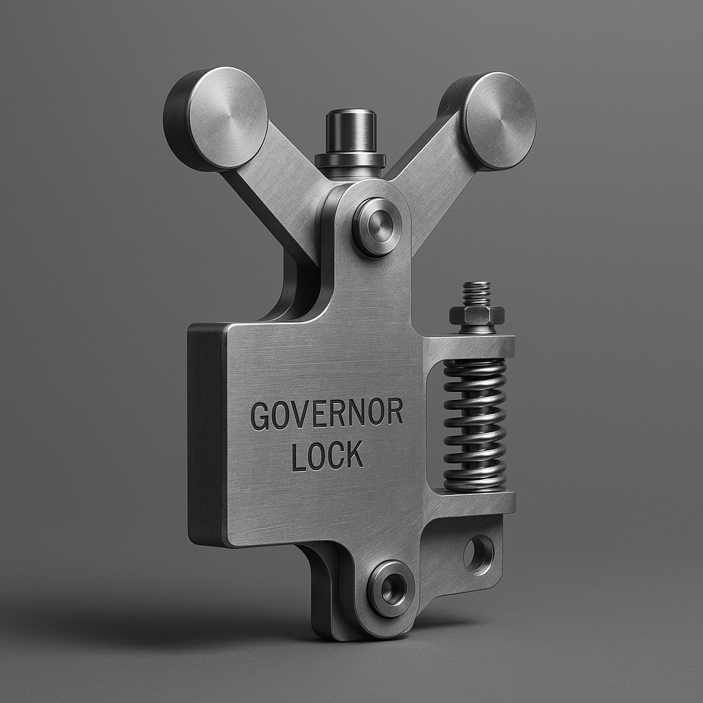 A high-resolution, industrial minimalist photograph of a precision-milled aluminum governor lock, frozen in a moment of mechanical tension against a seamless matte grey void.