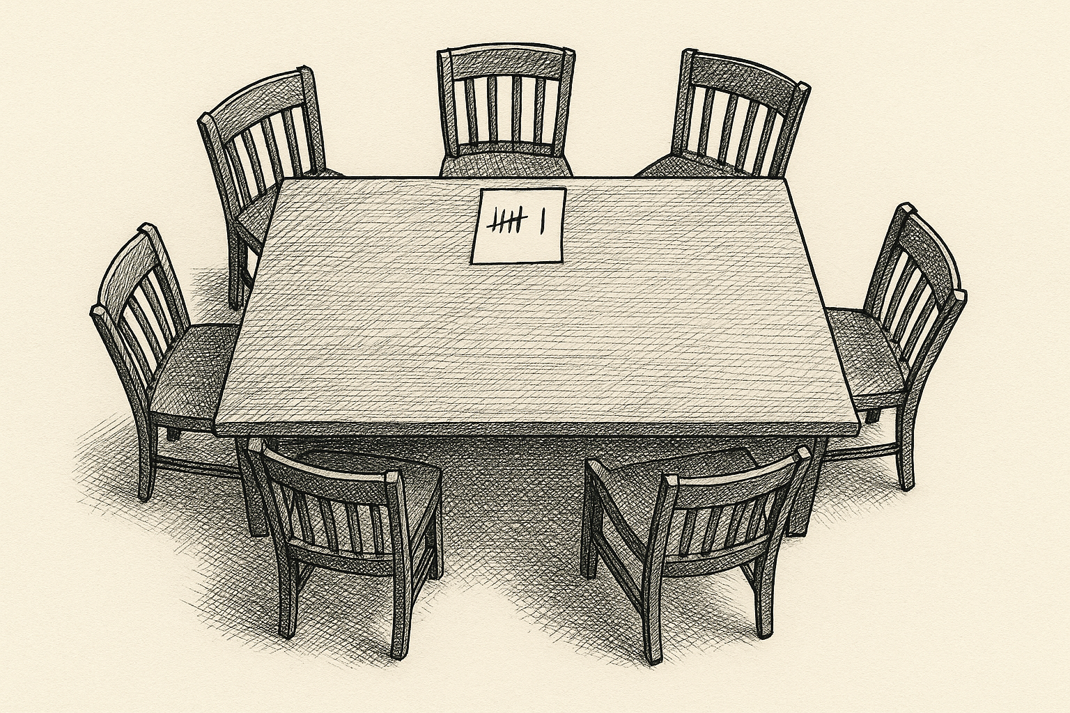Pen-and-ink illustration: a rectangular boardroom table seen from directly above, six empty wooden chairs pushed in around it, a single sheet of paper with a tally — four marks one side, one mark the other — at one place; the vote is over, no one is in the room.