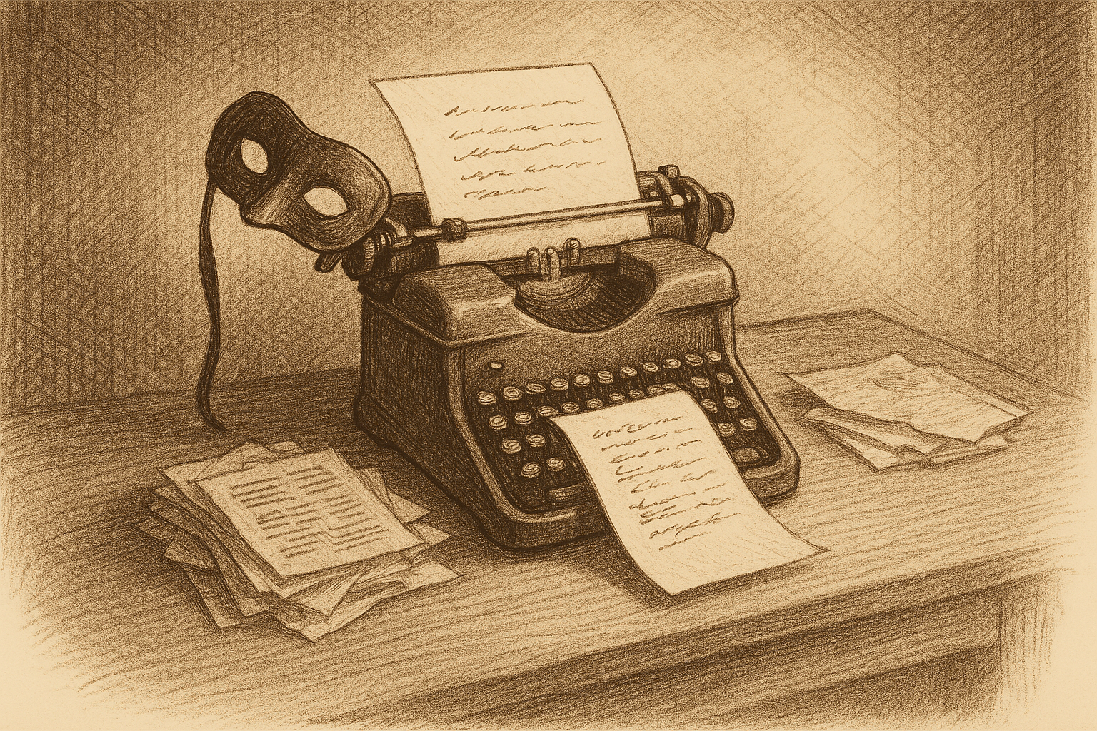 A vintage typewriter on a desk with a discarded masquerade mask dangling forgotten from its carriage lever, while a fresh, untidy stack of handwritten notes, clipped printouts, and a torn envelope sits beside it, the top sheet already being fed into
