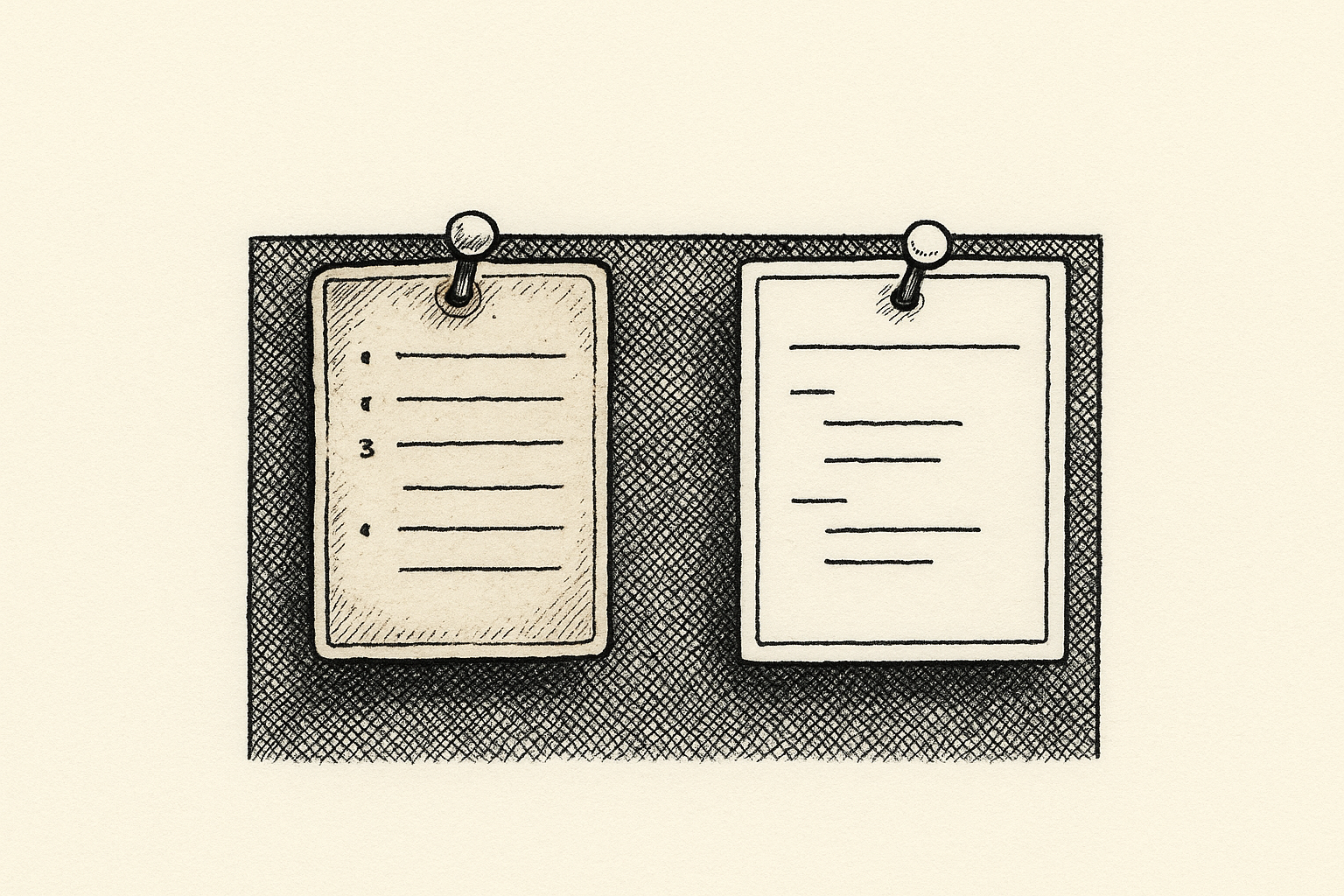 Pen-and-ink illustration: a laminated card pinned to a factory wall beside an open laptop, both lit by the same overhead light.