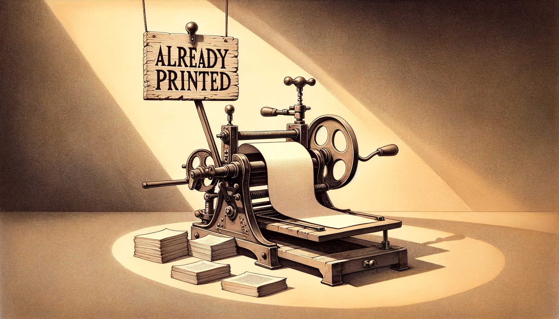 A small printing press standing idle with paper already threaded through its rollers, a hand-lettered sign dangling from its lever reading "ALREADY PRINTED," and a single finished sheet resting in the output tray