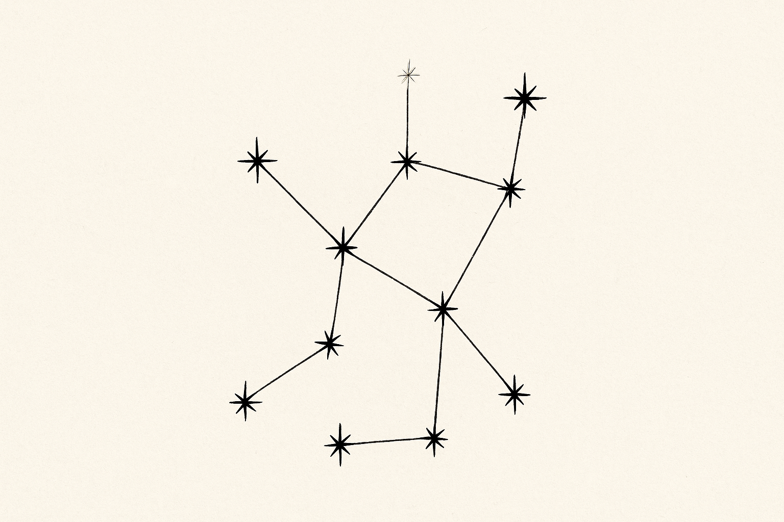 Pen-and-ink celestial chart: ten stars connected by ruled lines, all burning at equal brightness, the constellation complete.