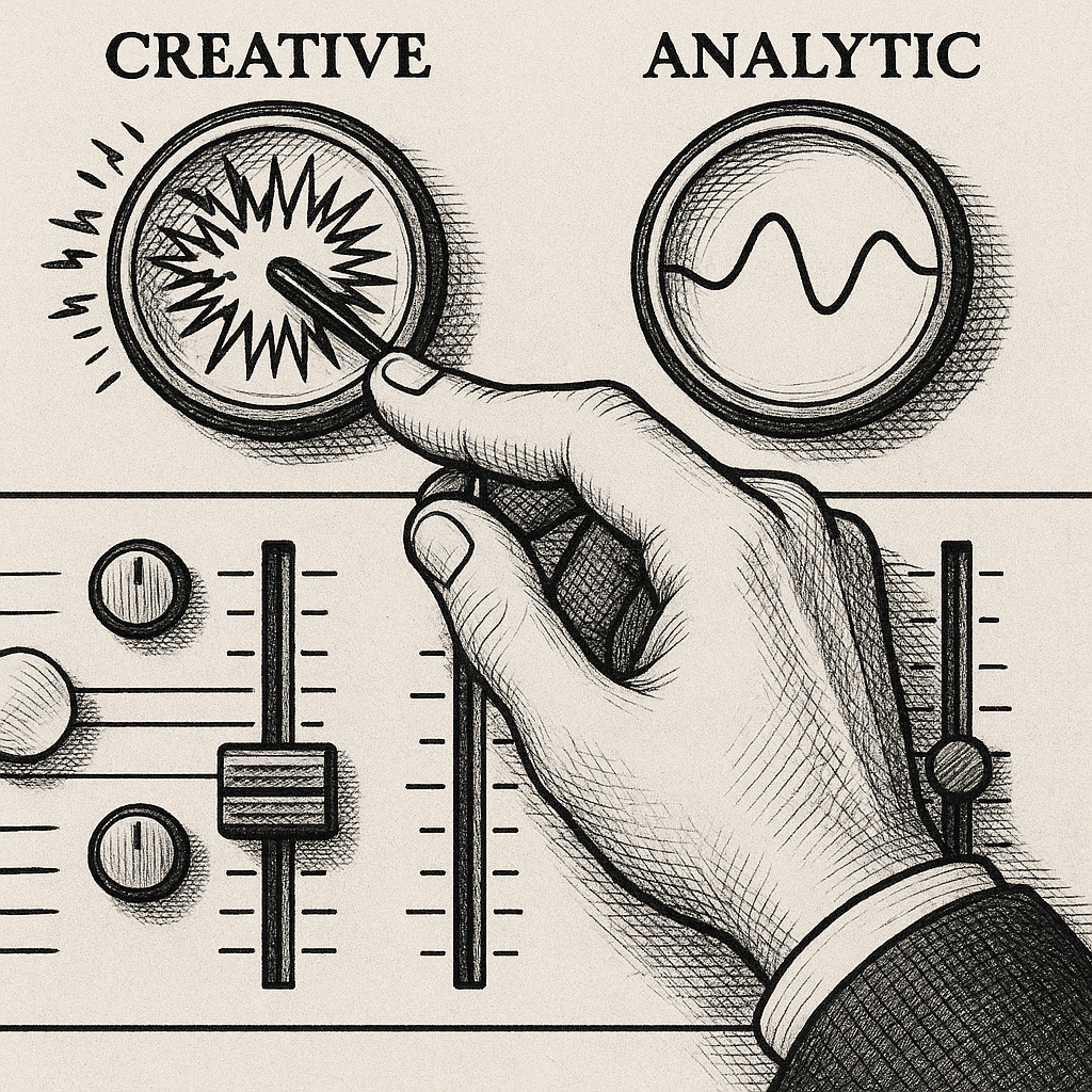Pen-and-ink illustration: a series of radio dials and frequency sliders. One dial is labeled 'Creative' and is vibrating with static; another is labeled 'Analytic' and shows a clean, sharp sine wave. A hand is reaching to turn the dial away from the static toward the signal.