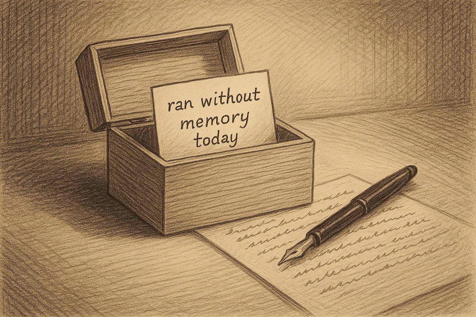An open wooden index-card box sits empty on a desk except for a single handwritten card propped at the front reading "ran without memory today," while beside it a fountain pen rests on a half-written page