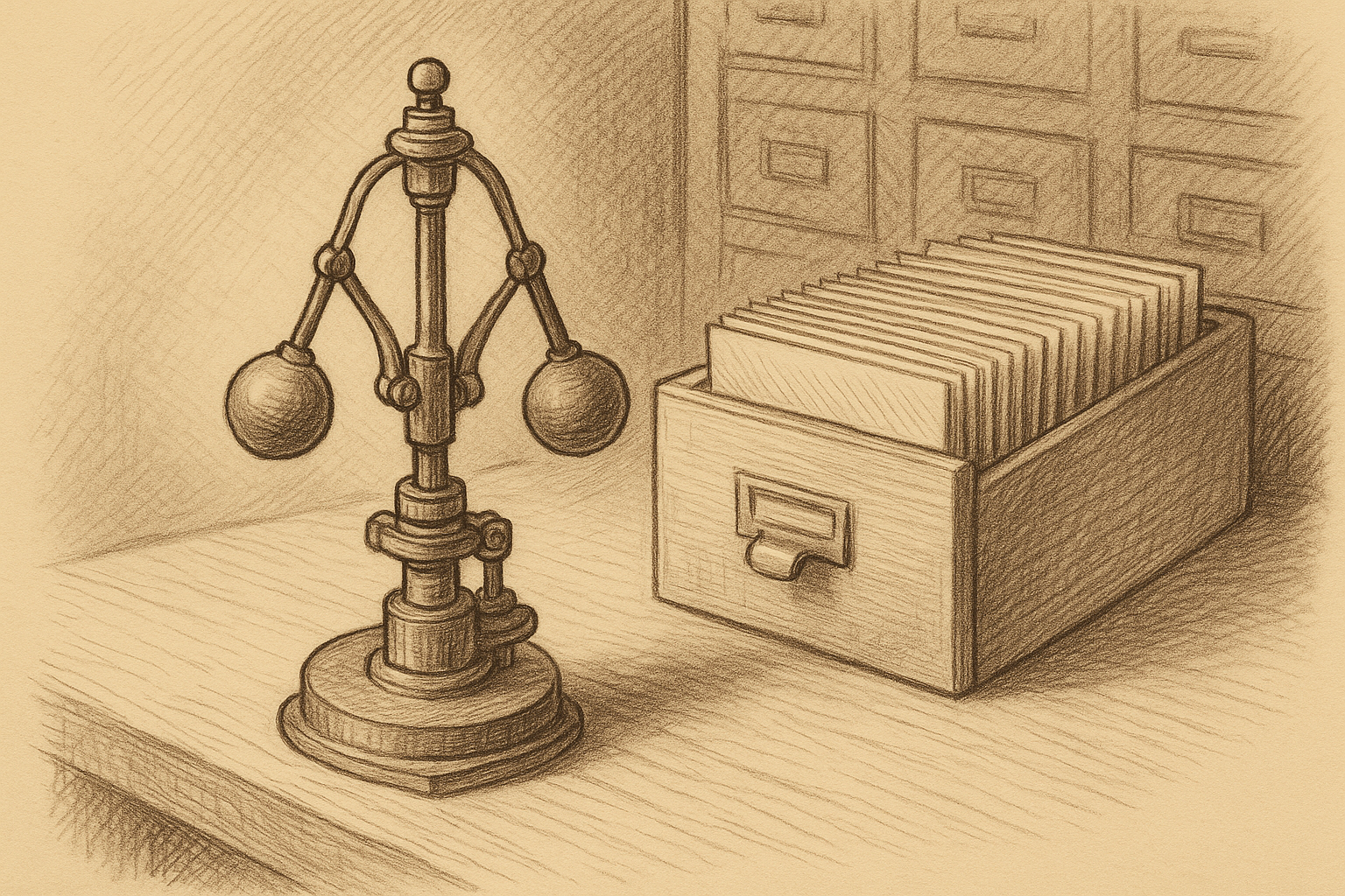 A brass flyball governor sitting on a workbench beside an open card catalog drawer, its spinning weights stilled mid-rotation, with the cards behind it standing in tight, orderly ranks
