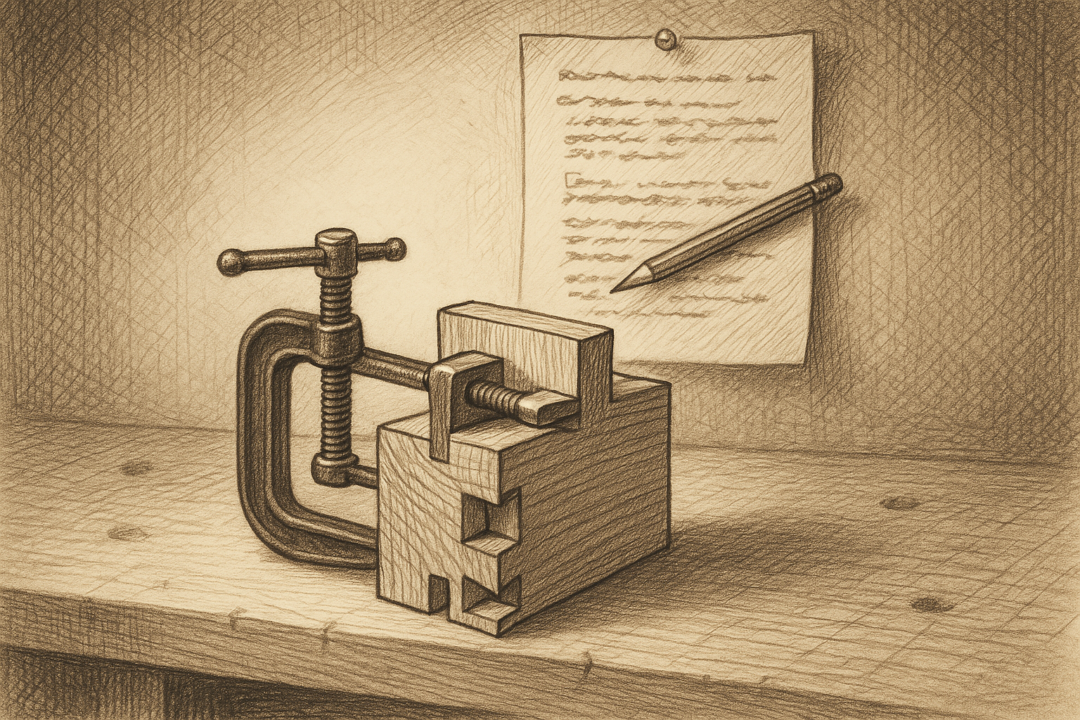 A finished dovetail joint clamped on a workbench in the foreground, with a half-written instruction sheet pinned to the wall behind it and a pencil laid across the page mid-sentence