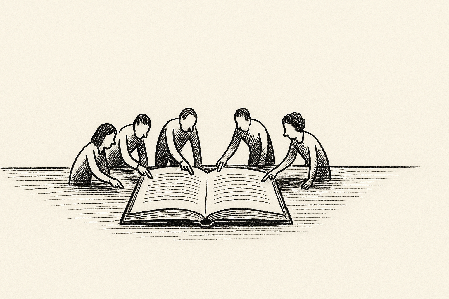 Pen-and-ink illustration: five figures arranged in an arc around an open book at the center of a wide desk, each leaning in to point at the same page.