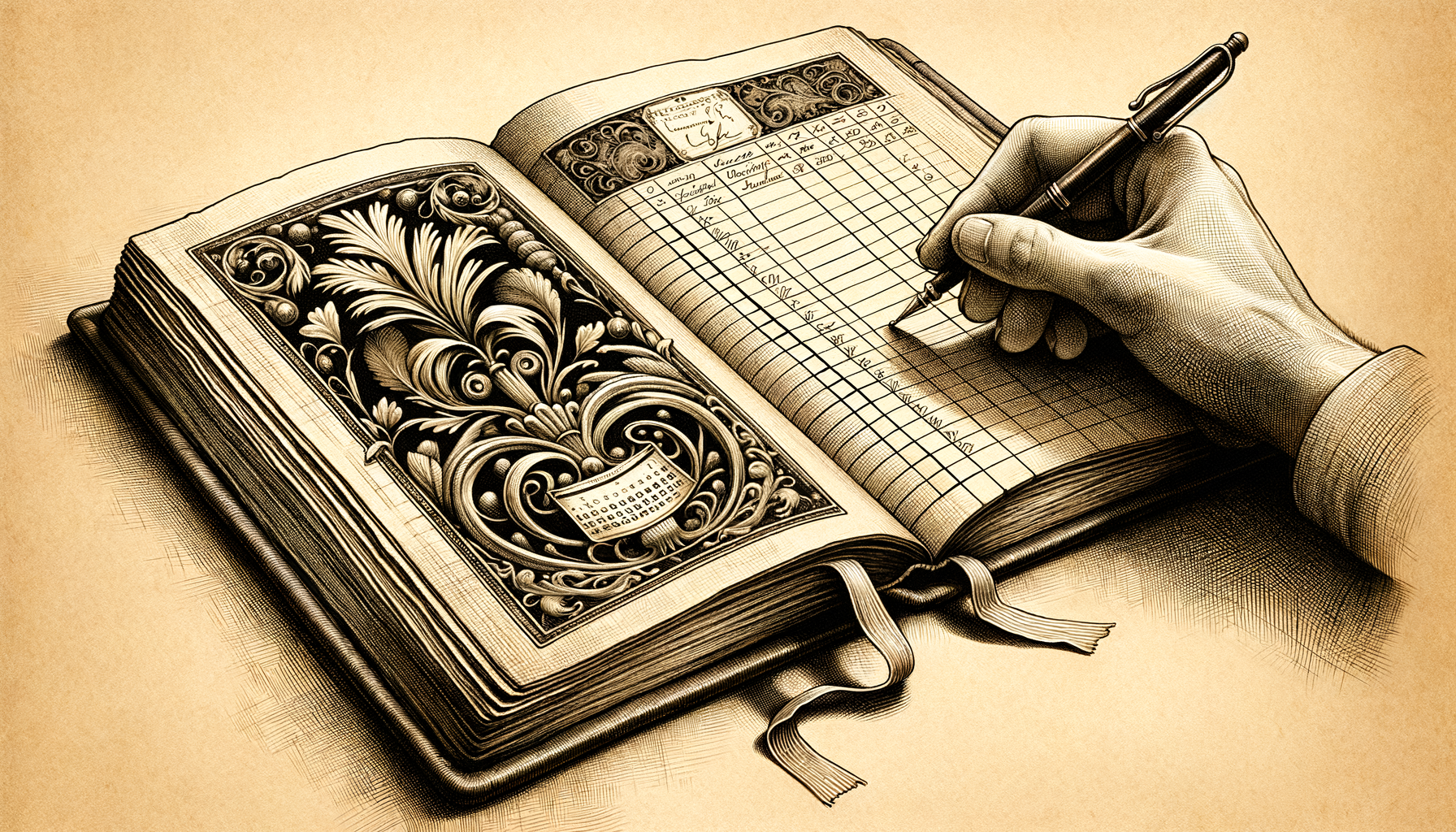 An open ledger book lying flat, its facing pages divided into two columns — the left headed with a small calendar icon, the right headed with a signature flourish — with a hand resting at the edge, one finger pointing deliberately at an entry in the signature column