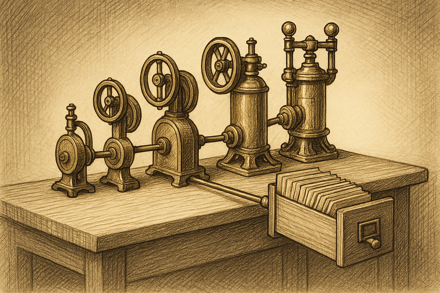 A row of four brass mechanical contraptions lined up on a single wooden workbench, each one larger and more elaborate than the last, all linked by drive shafts that converge on a central card-catalog drawer pulled half open