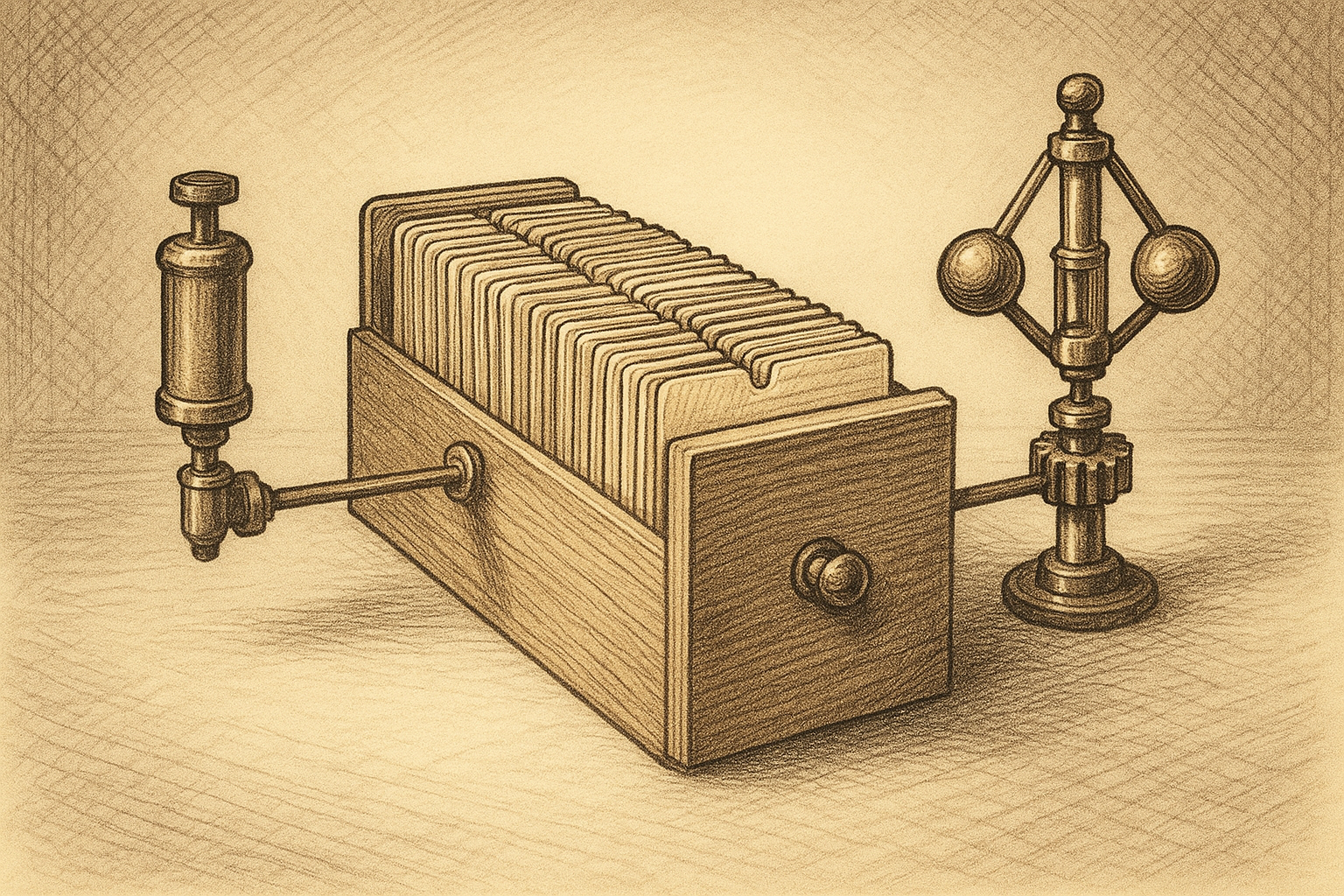 A single wooden card catalog drawer positioned between two brass mechanisms — an actuator on the left and a governor on the right — both linked to the drawer by slender drive shafts, with the index cards inside standing in tight, orderly ranks