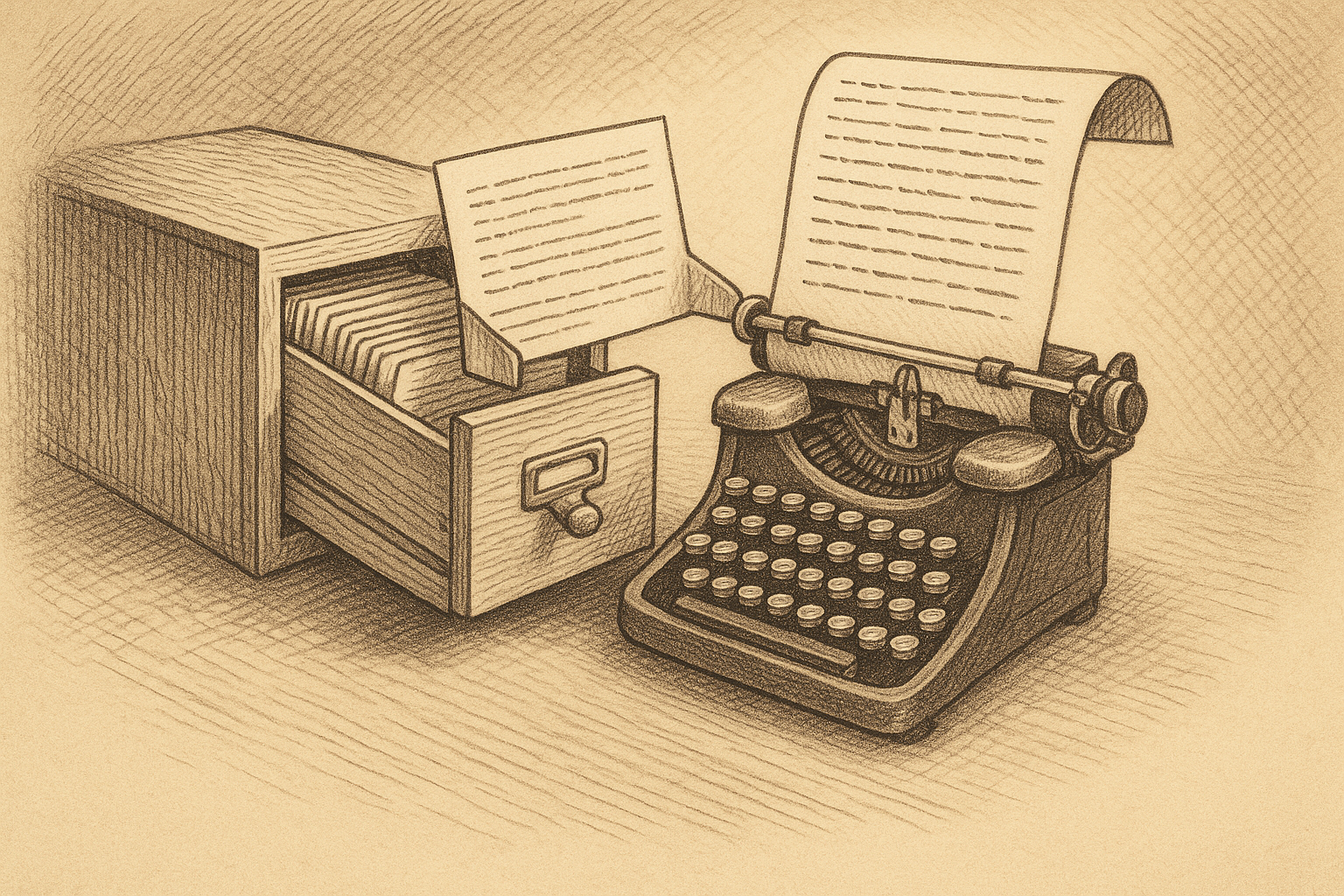 A wooden card catalog drawer pulled half-open, with a single index card lifted out of it and clamped into the carriage of a small typewriter, the card's typed lines continuing seamlessly onto a sheet of paper rolling out the top